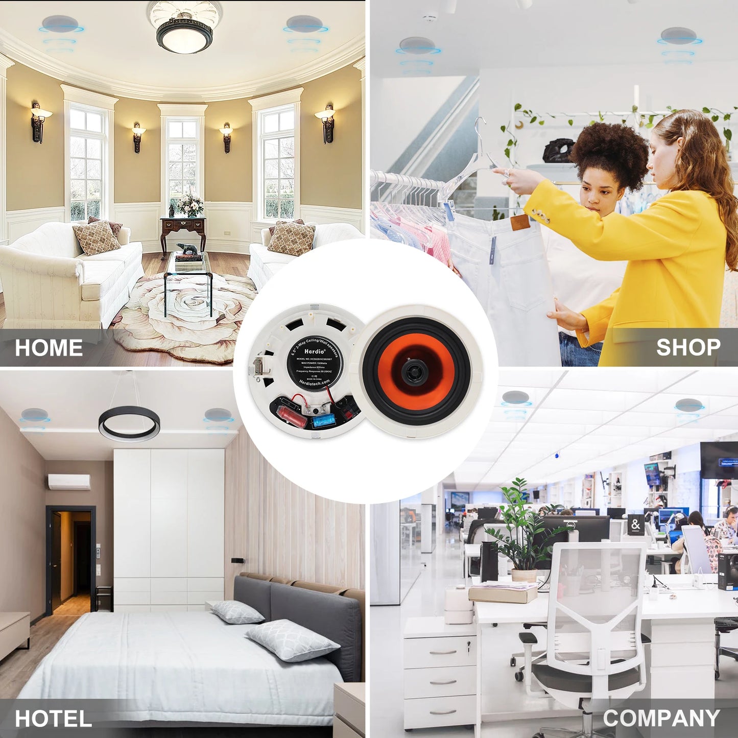 Herdio 600W Bluetooth Ceiling Speakers Two Way Dome Tweeter