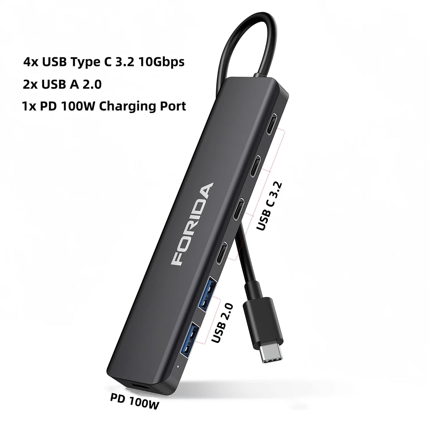 7 Port USB C Hub 10Gbps USB C 3.2 Multiport Adapter PD