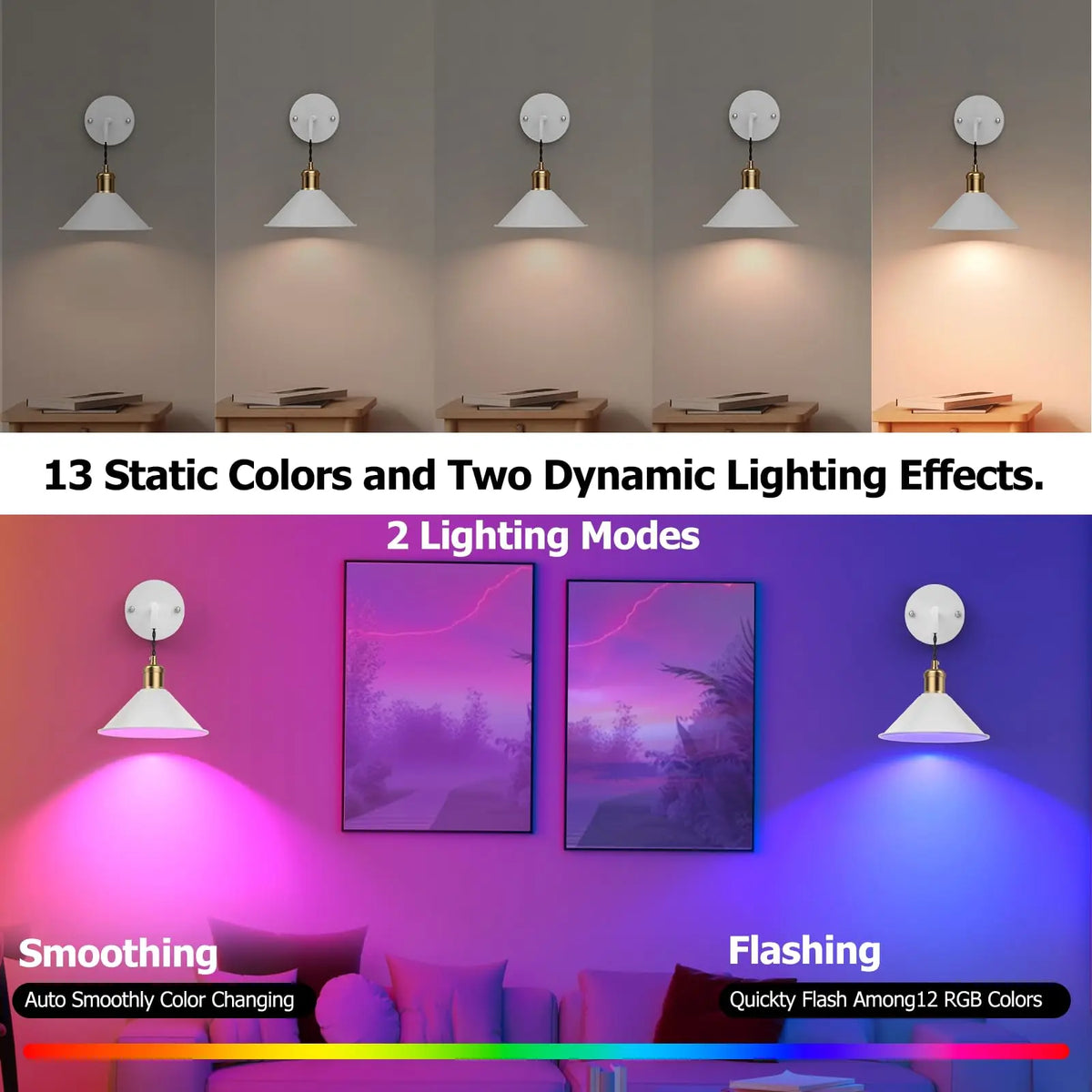 PRTILOUD Set Of 2 RGB Wall Sconces Dimmable With Remote