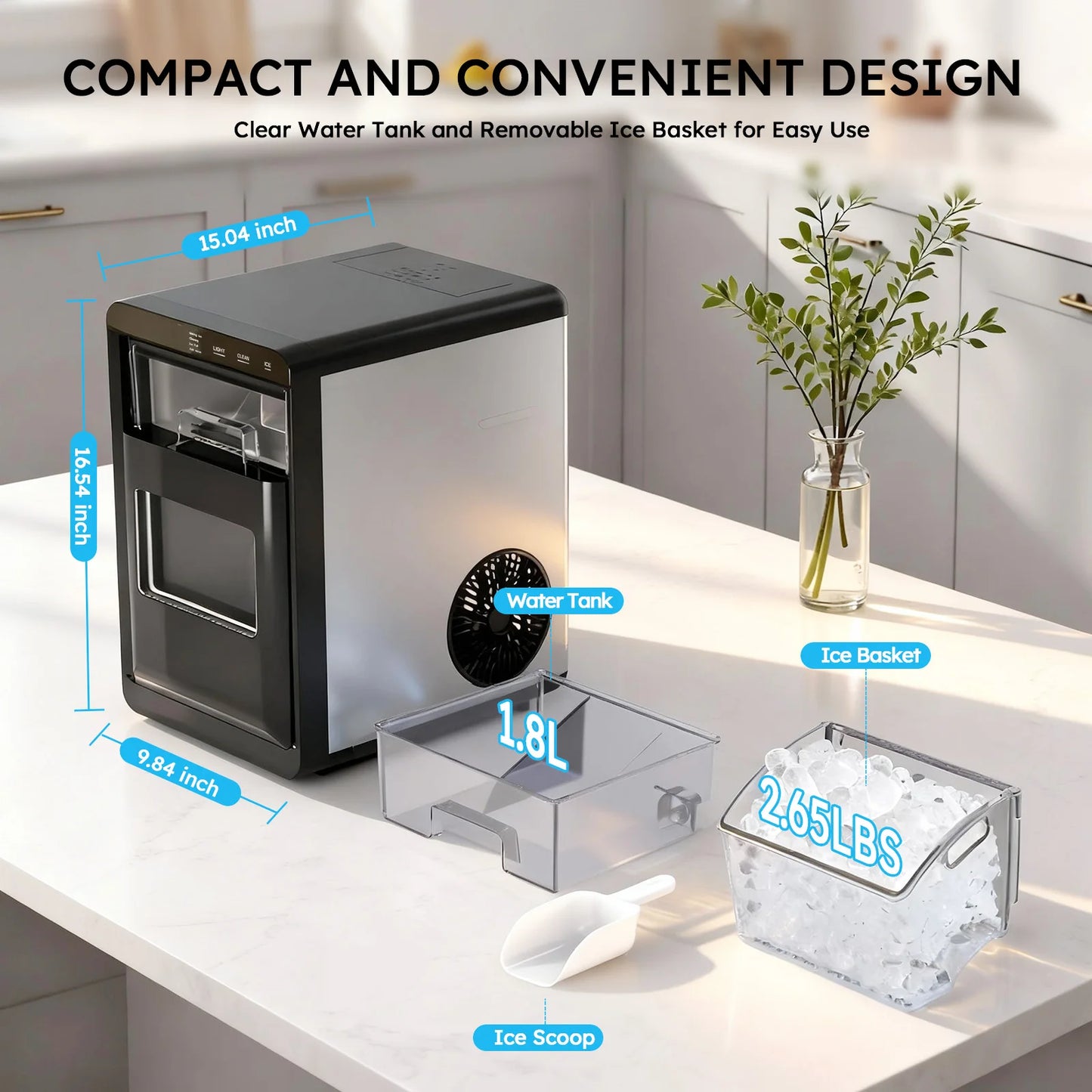 SHICUO Nugget Ice Maker Countertop 44 Lbs Self Cleaning