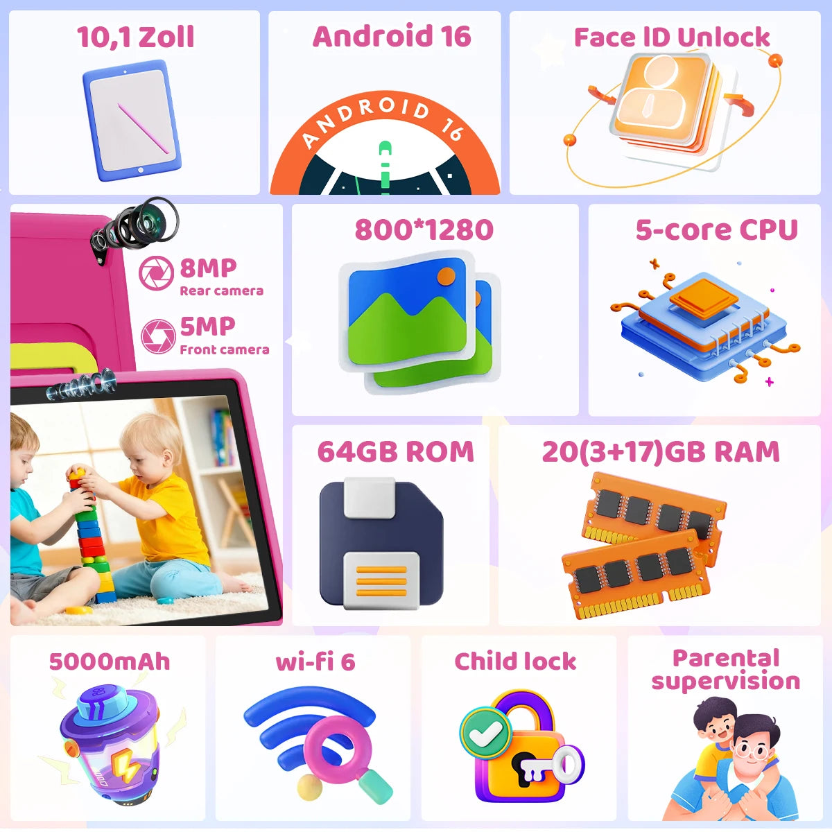 BUFO Kids Tablet With Parental Controls And Dual Cameras