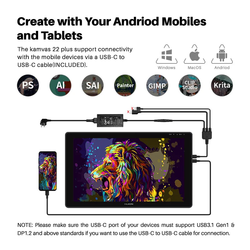 21.5 Inch Huion Graphics Tablet Monitor Kamvas 22 with 120%~140% sRGB Drawing Tablet Support Linux MacOS Laotop Android USB3.1