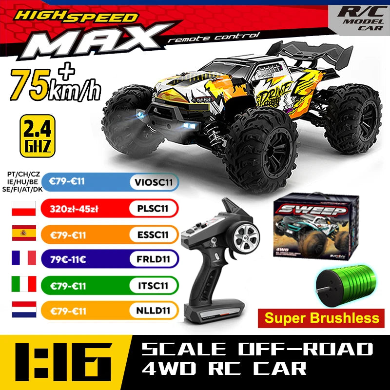 WLtoys 16101 Pro 1:16 75KM/H 4WD RC Car With LED Light 2.4G Remote Control Cars High Speed Drift Monster Truck for Children Gift