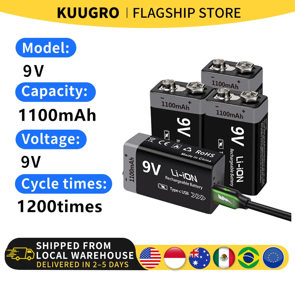 Kuugro 9V USB Rechargeable Battery Pack