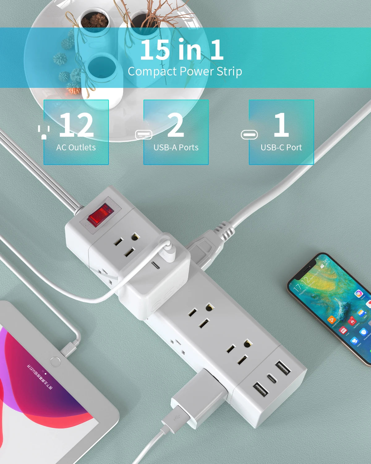 PASSUS Three Way Power Strip With PD20W Fast Charging