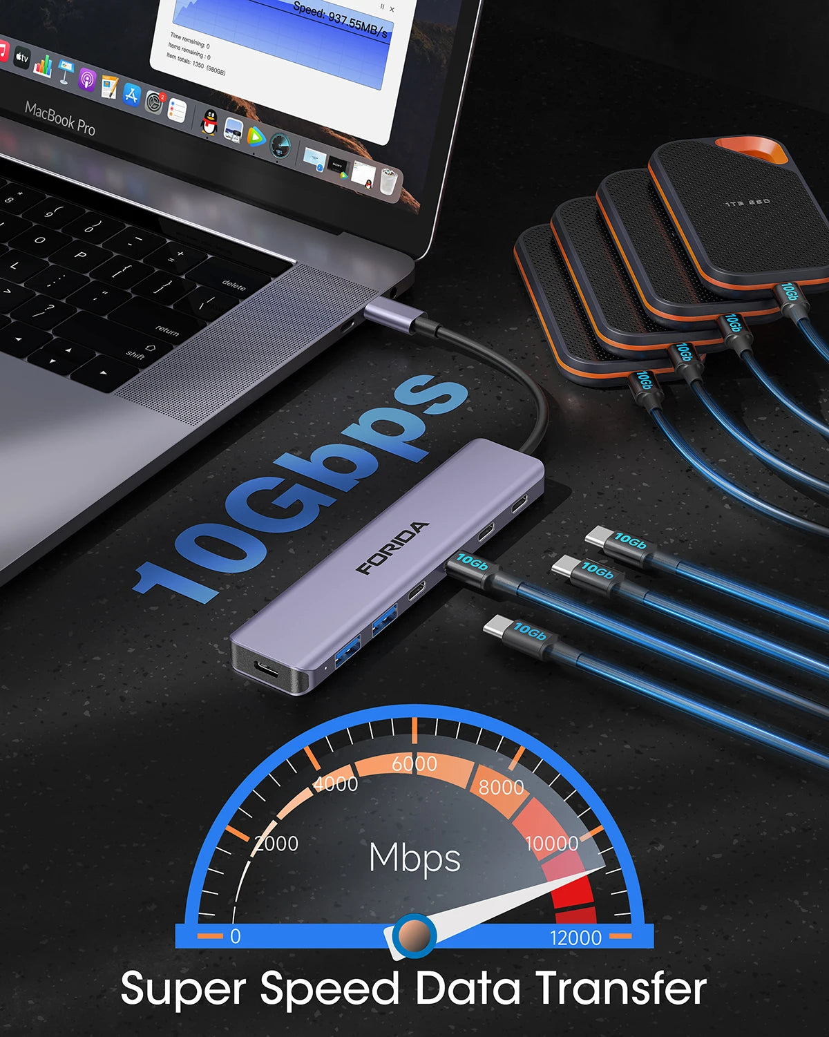 7 Port USB C Hub 10Gbps USB C 3.2 Multiport Adapter PD