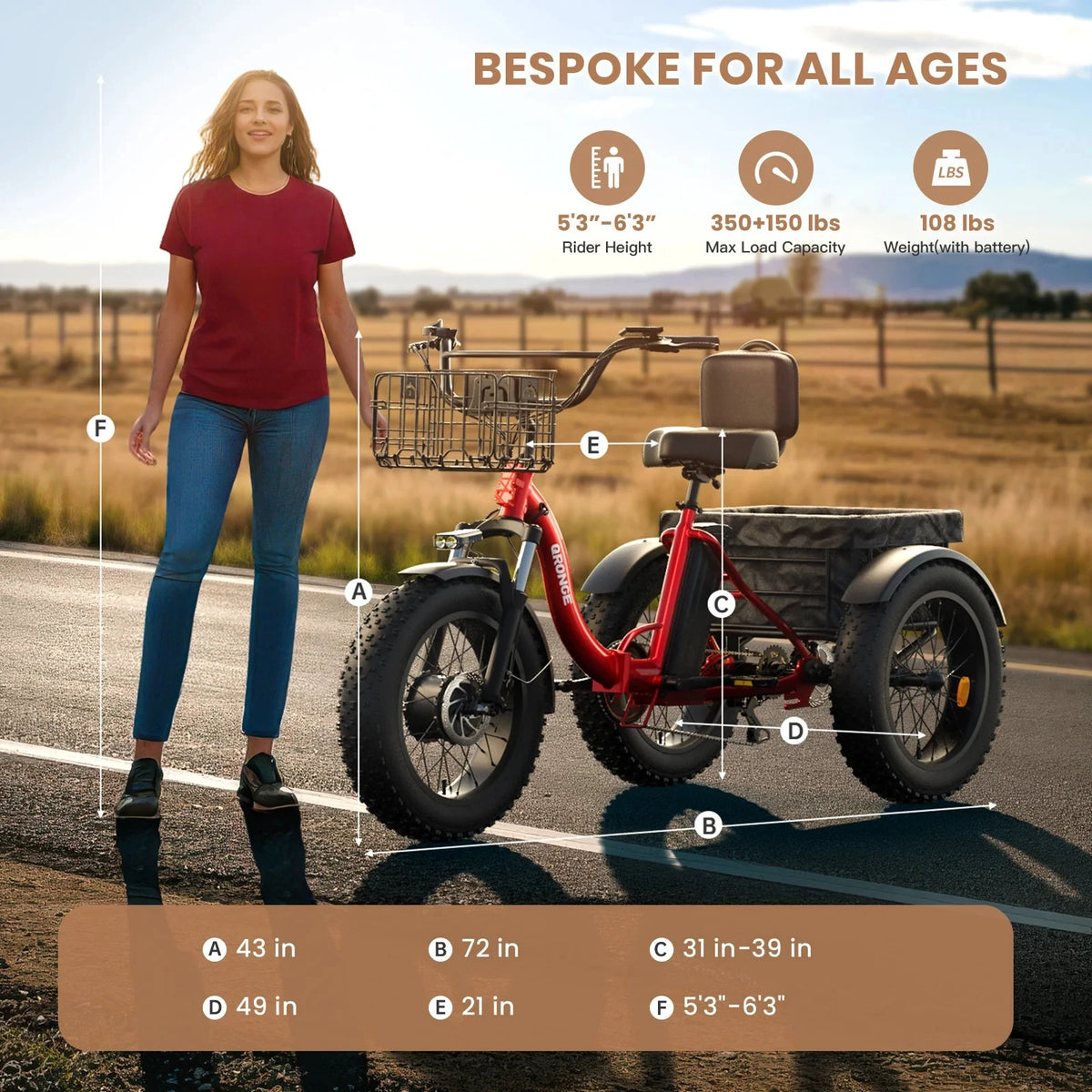 QRONGE Electric Fat Tire Tricycle for Adults