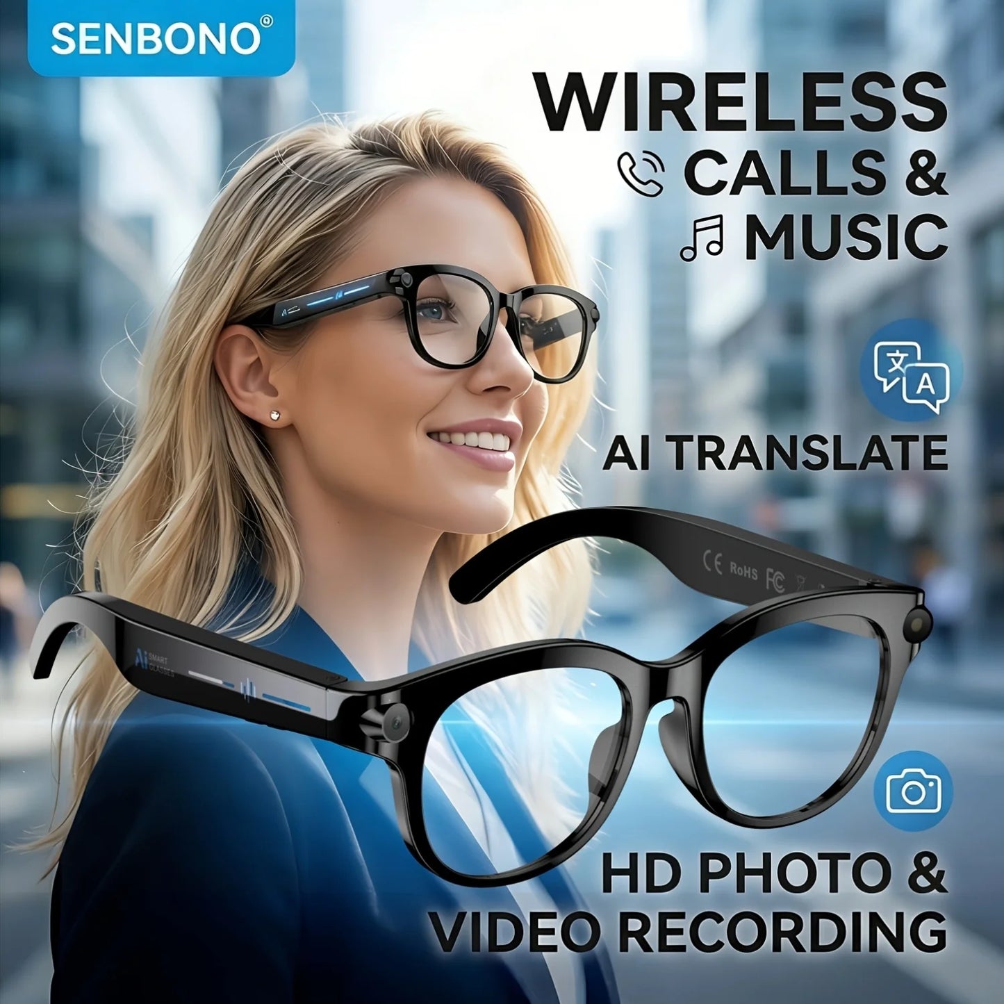 SENBONO AI Smart Glasses With 200W Pixel Camera Translator