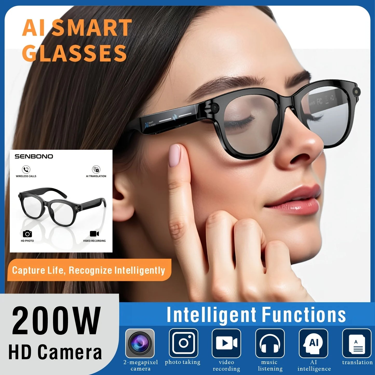 SENBONO AI Smart Glasses With 200W Pixel Camera Translator