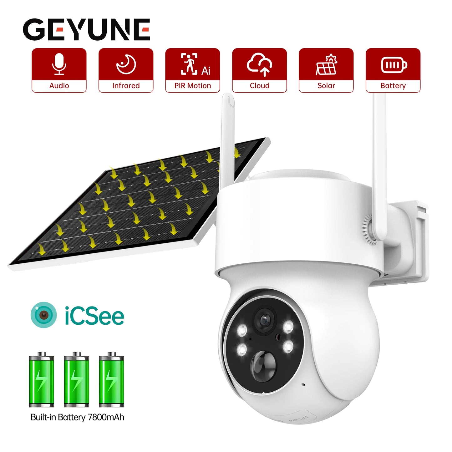 GEYUNE 4MP Wireless Solar Security Camera Outdoor PIR