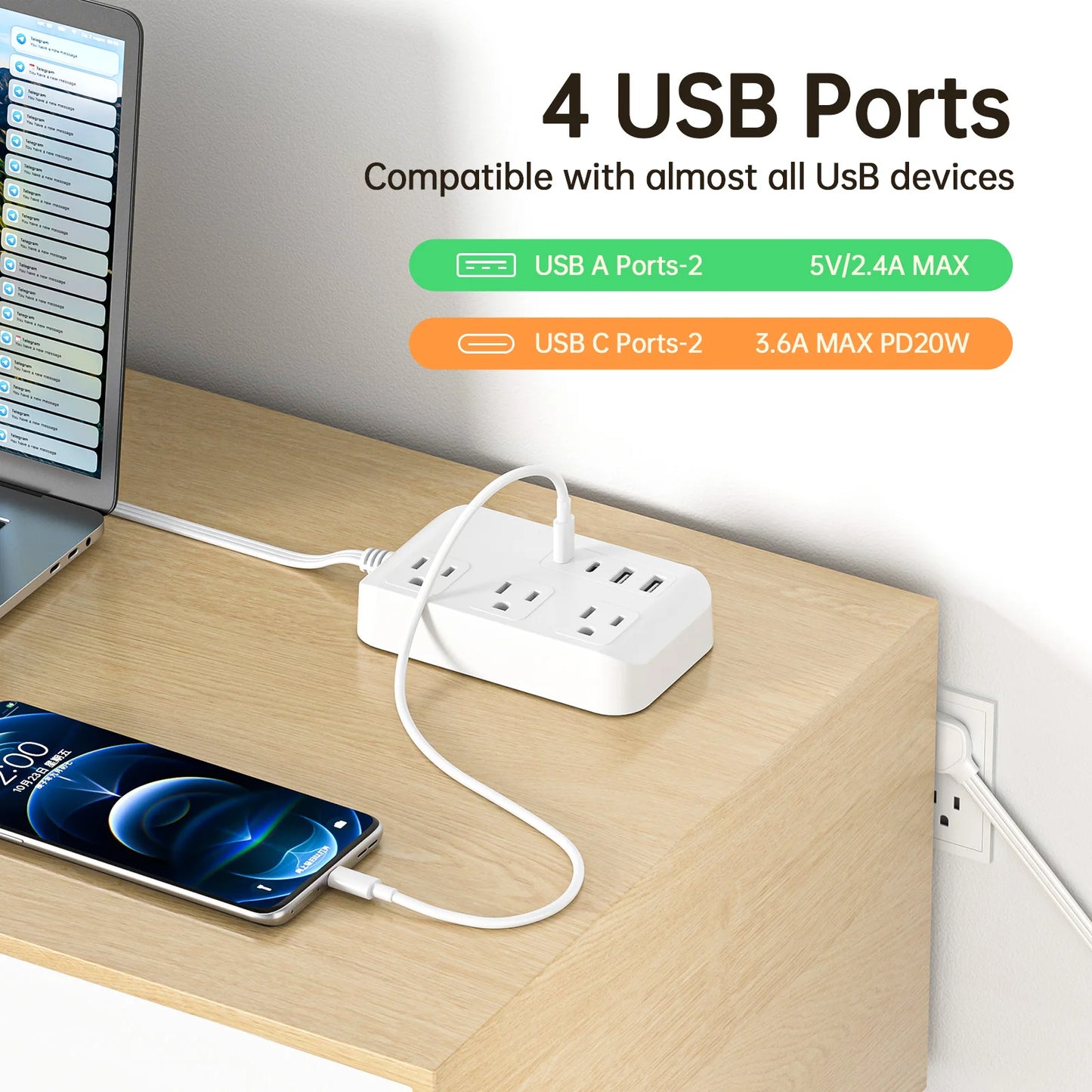 PASSUS US Plug Extension Cord Power Strip PD20W Charging