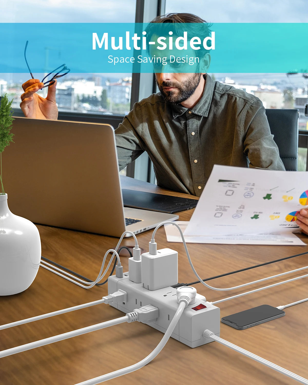 PASSUS Three Way Power Strip With PD20W Fast Charging
