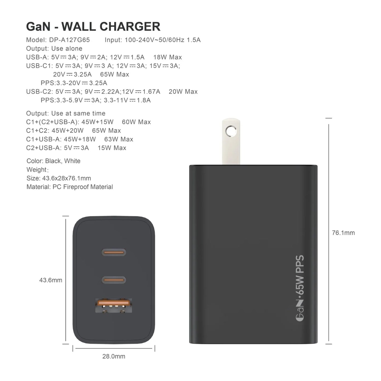 Sanprio 65W GaN USB C Charger 3 Port Power Adapter