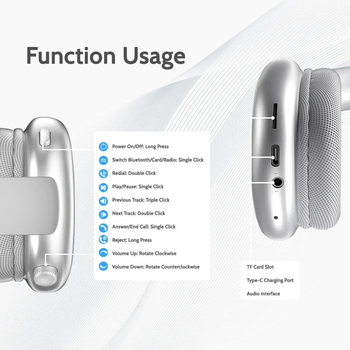 Wireless Bluetooth 5.3 Over Ear Headphones With Microphone
