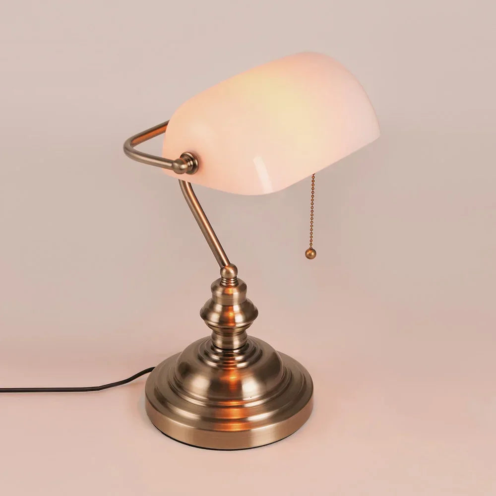 Classic Glass Bankers Desk Lamp Iron Zipper Switch