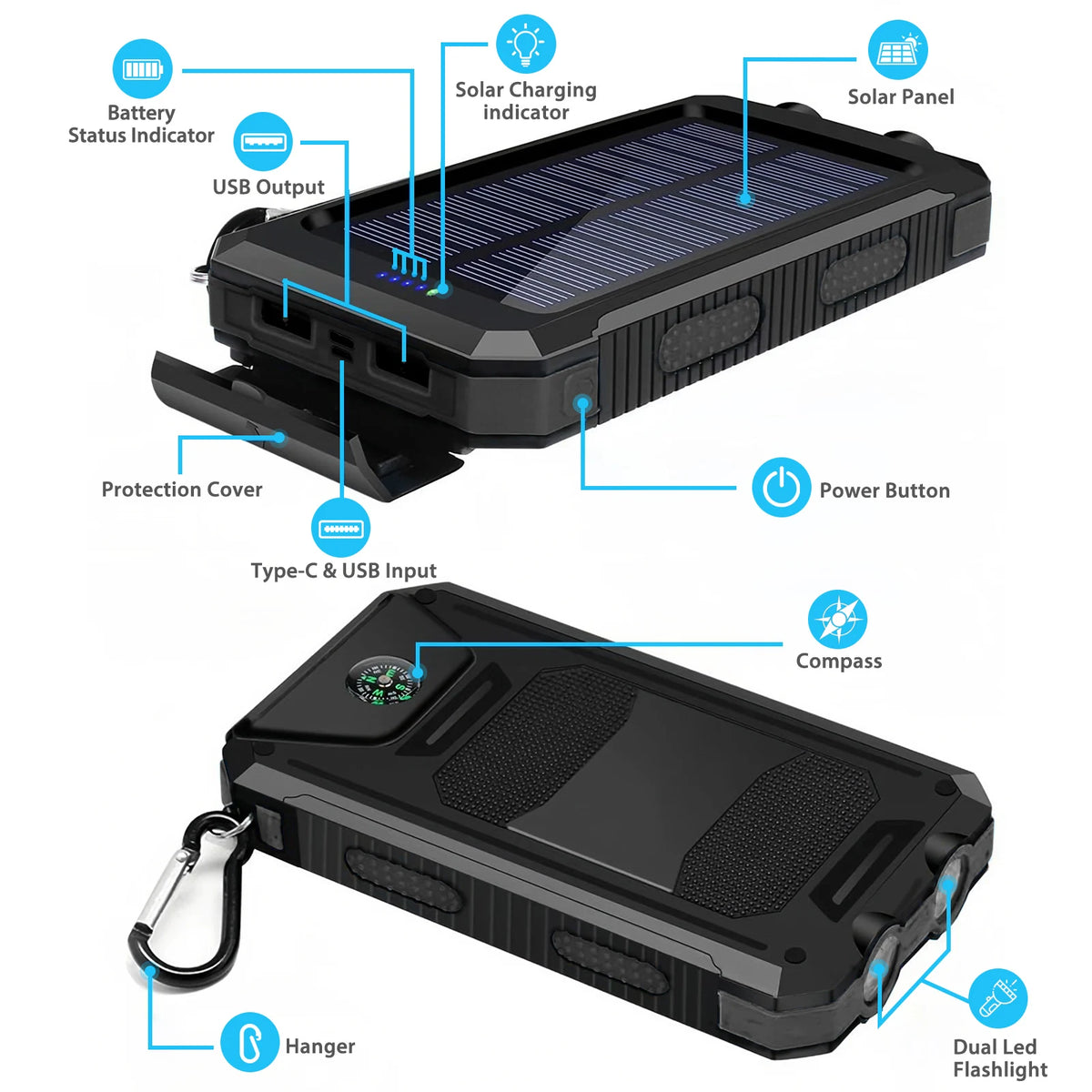 Solar Power Bank With Dual USB Ports And Flashlight