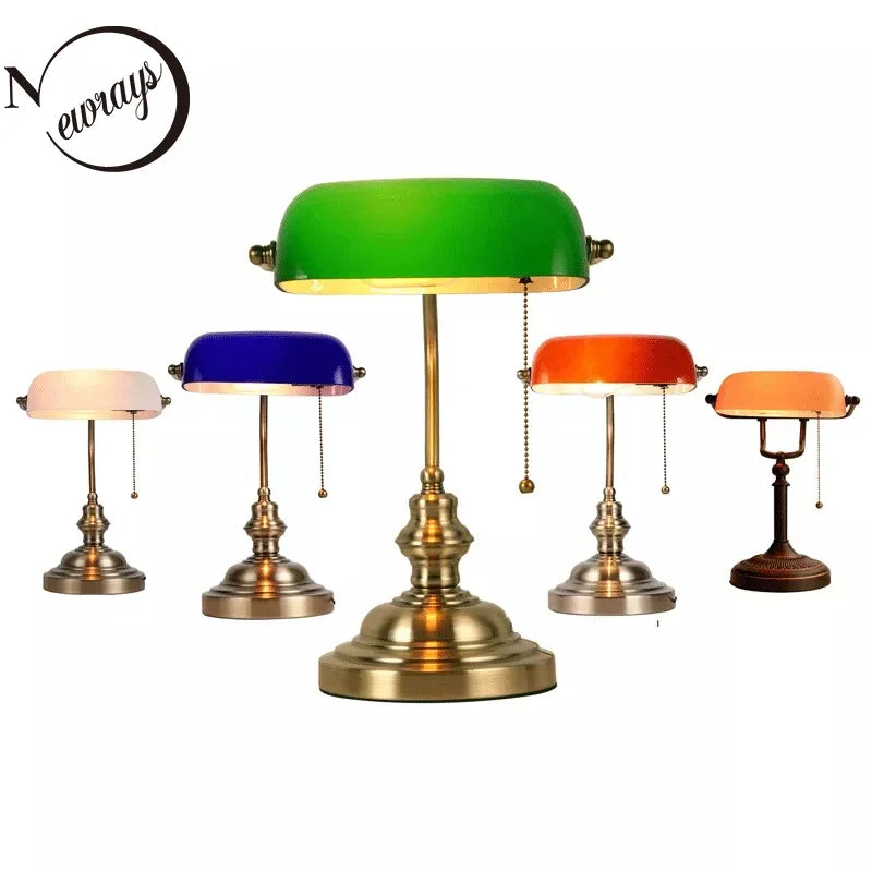Classic Glass Bankers Desk Lamp Iron Zipper Switch