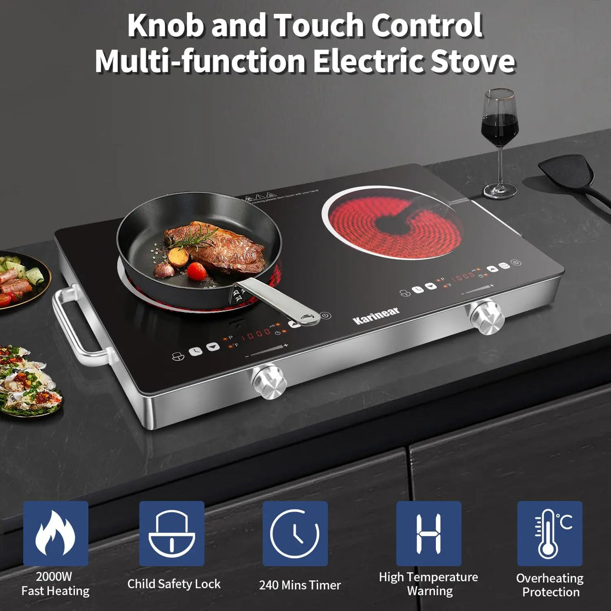 Karinear Twin Zone Ceramic Electric Hob Safety Lock