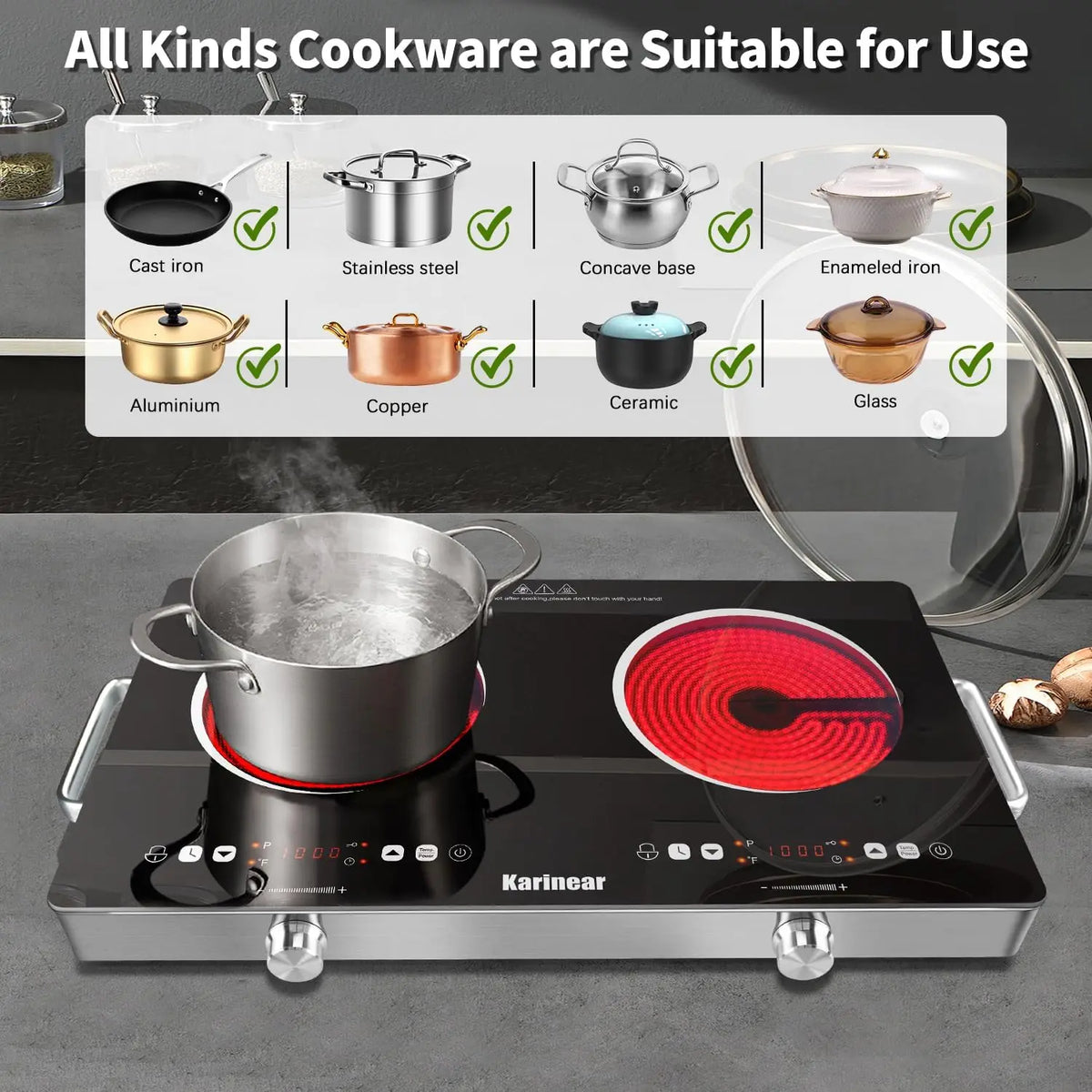 Karinear Twin Zone Ceramic Electric Hob Safety Lock