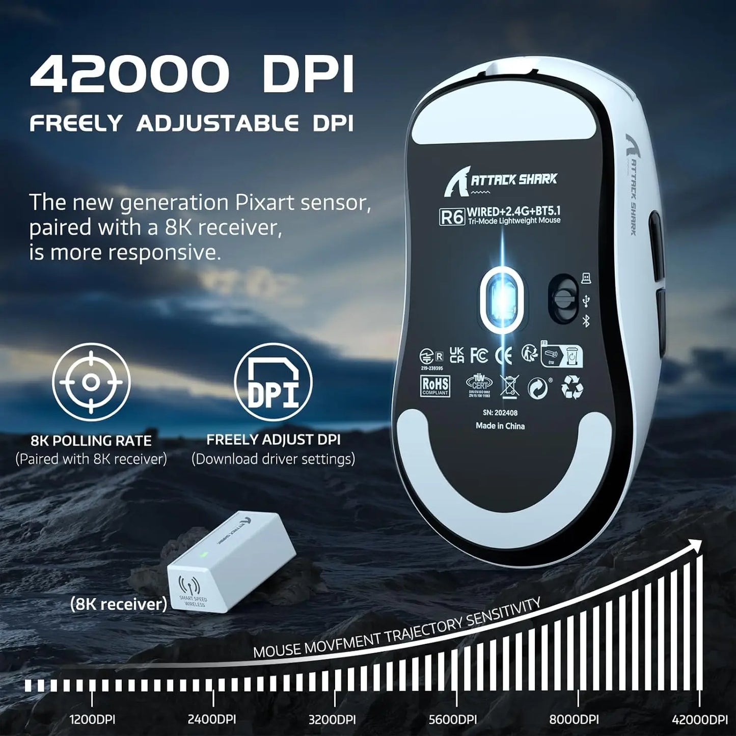 Attack Shark R6 Wireless Gaming Mouse PAW 3950 Sensor