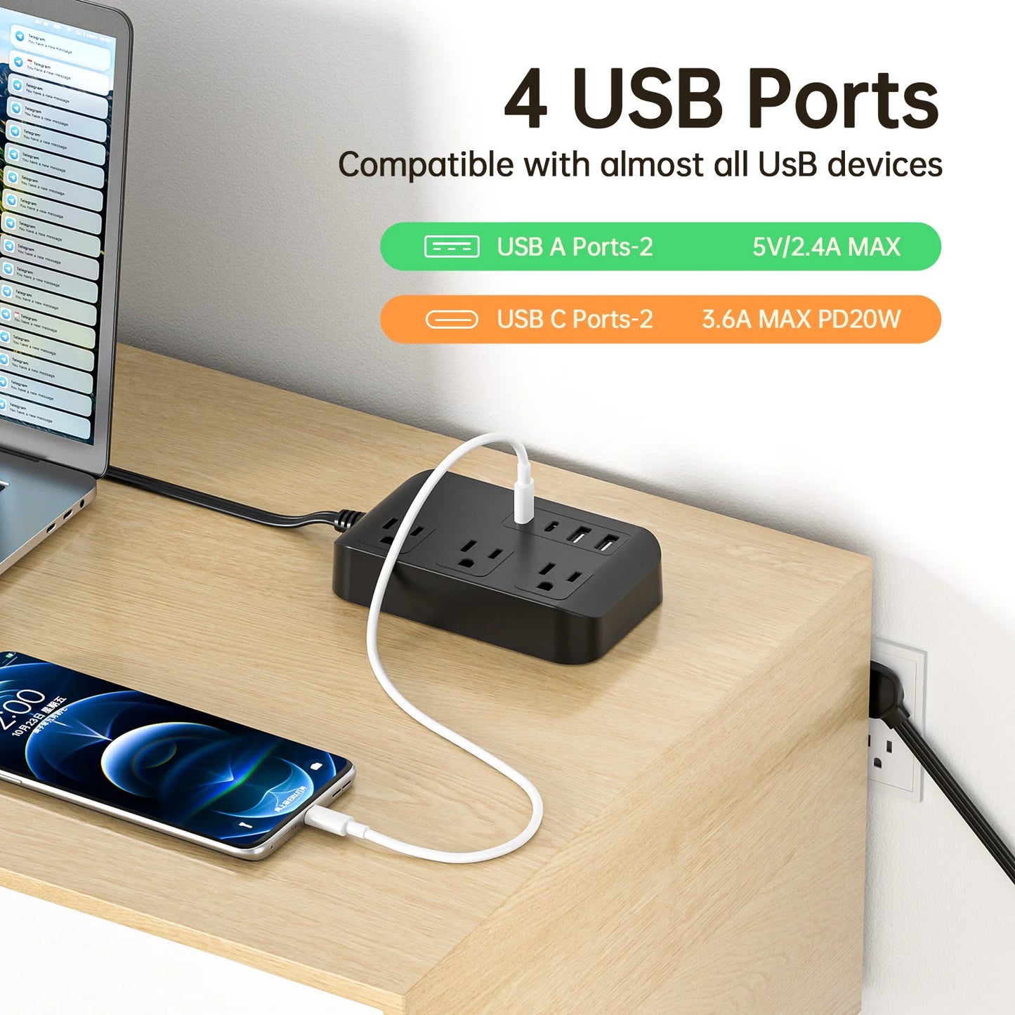 PASSUS US Plug Extension Cord Power Strip PD20W Charging