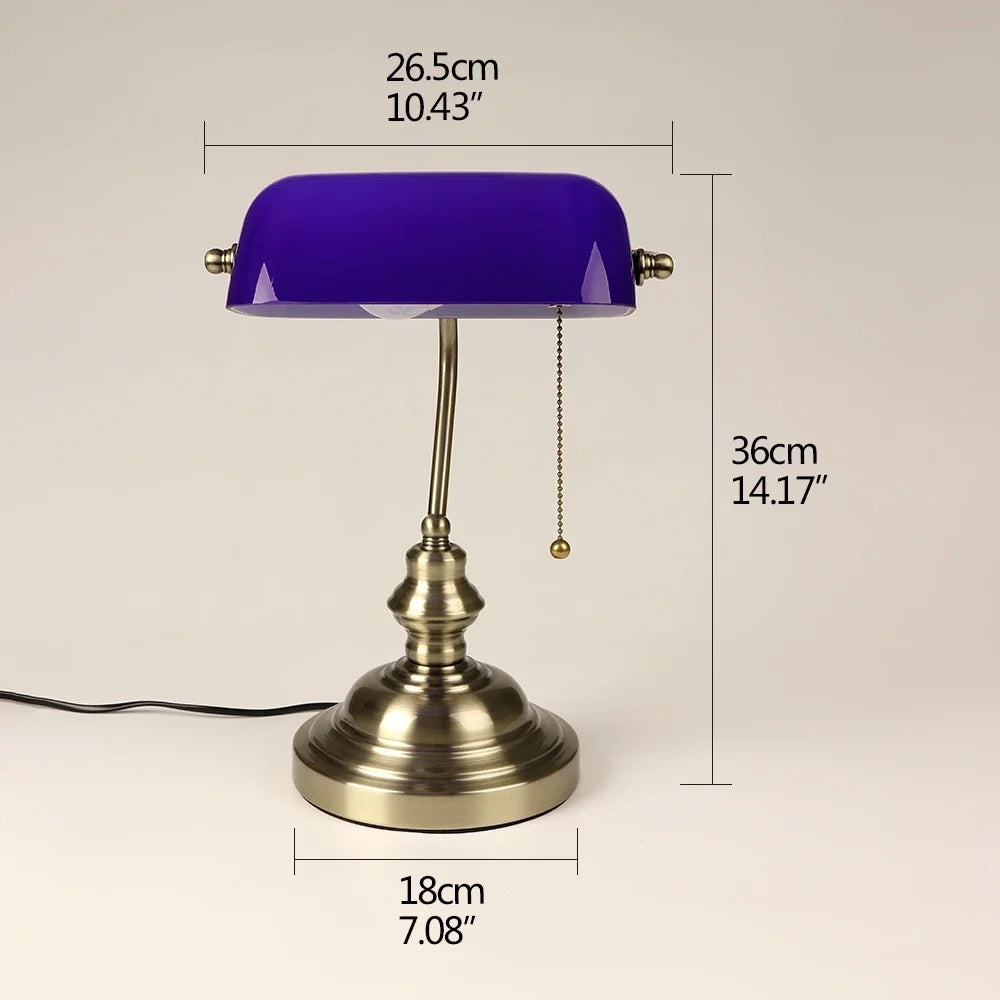 Classic Glass Bankers Desk Lamp Iron Zipper Switch