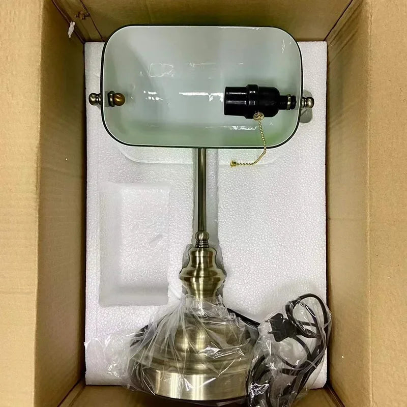 Classic Glass Bankers Desk Lamp Iron Zipper Switch