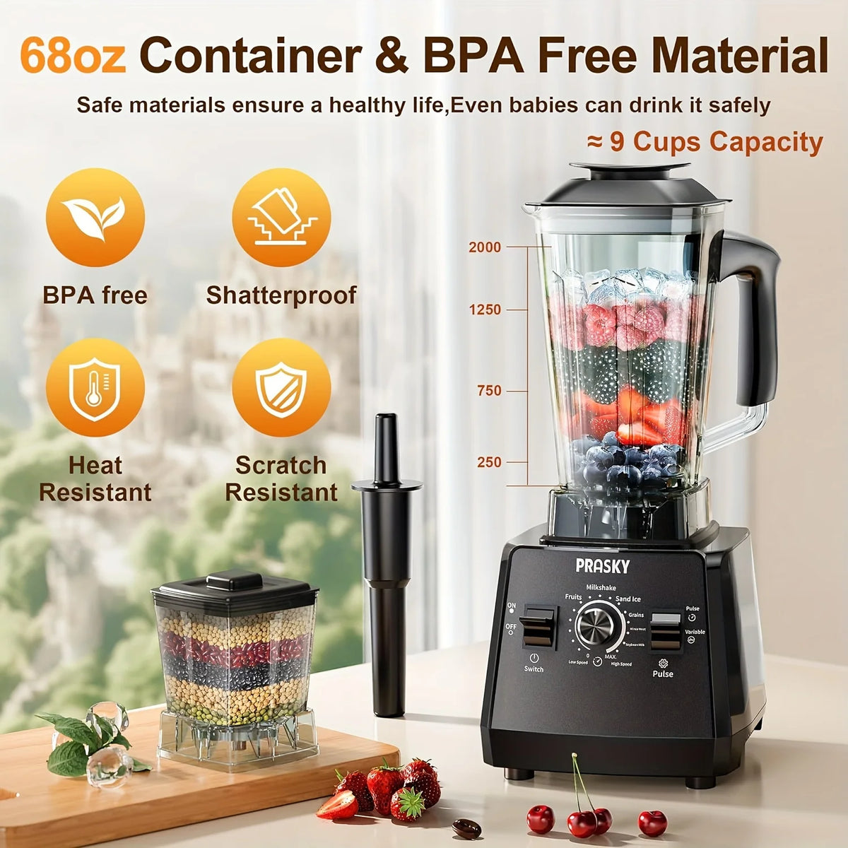 Prasky 2400W High Speed Blender And Grinder Combo