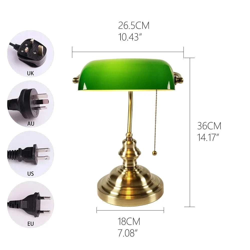 Classic Glass Bankers Desk Lamp Iron Zipper Switch