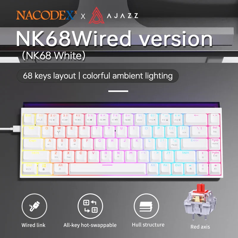 Ajazz NK68 Gaming Mechanical Keyboard Hot Swappable LED