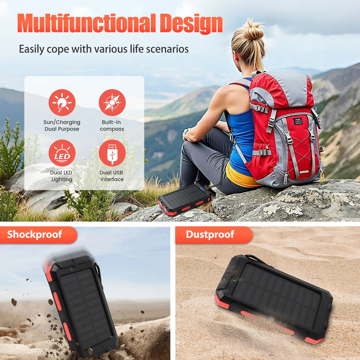 Solar Power Bank With Wireless Charging And LED Light