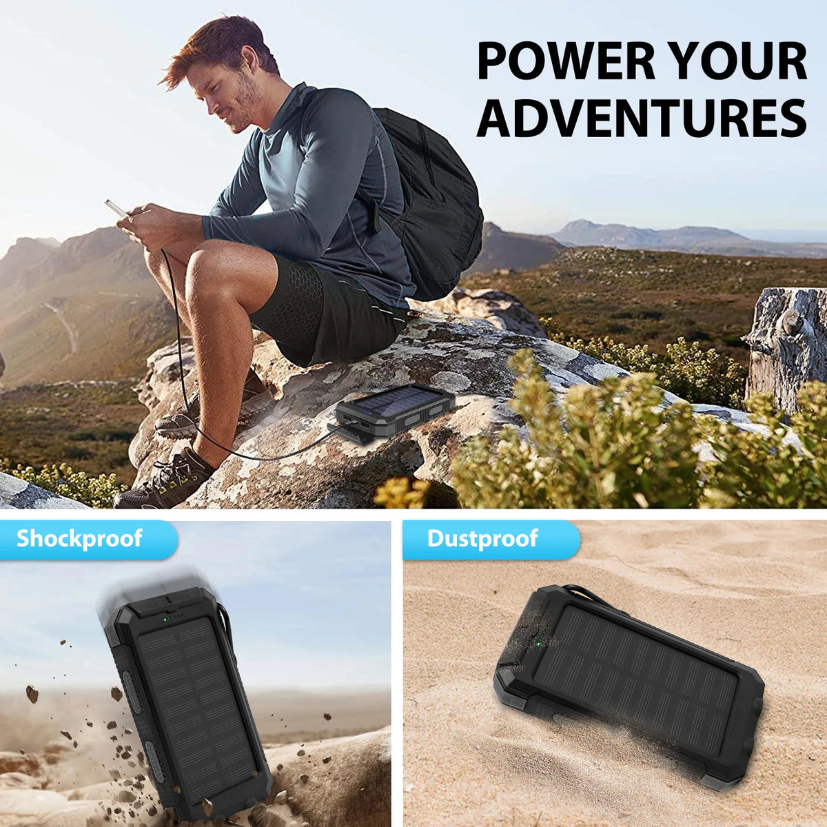 Solar Power Bank With Dual USB Ports And Flashlight