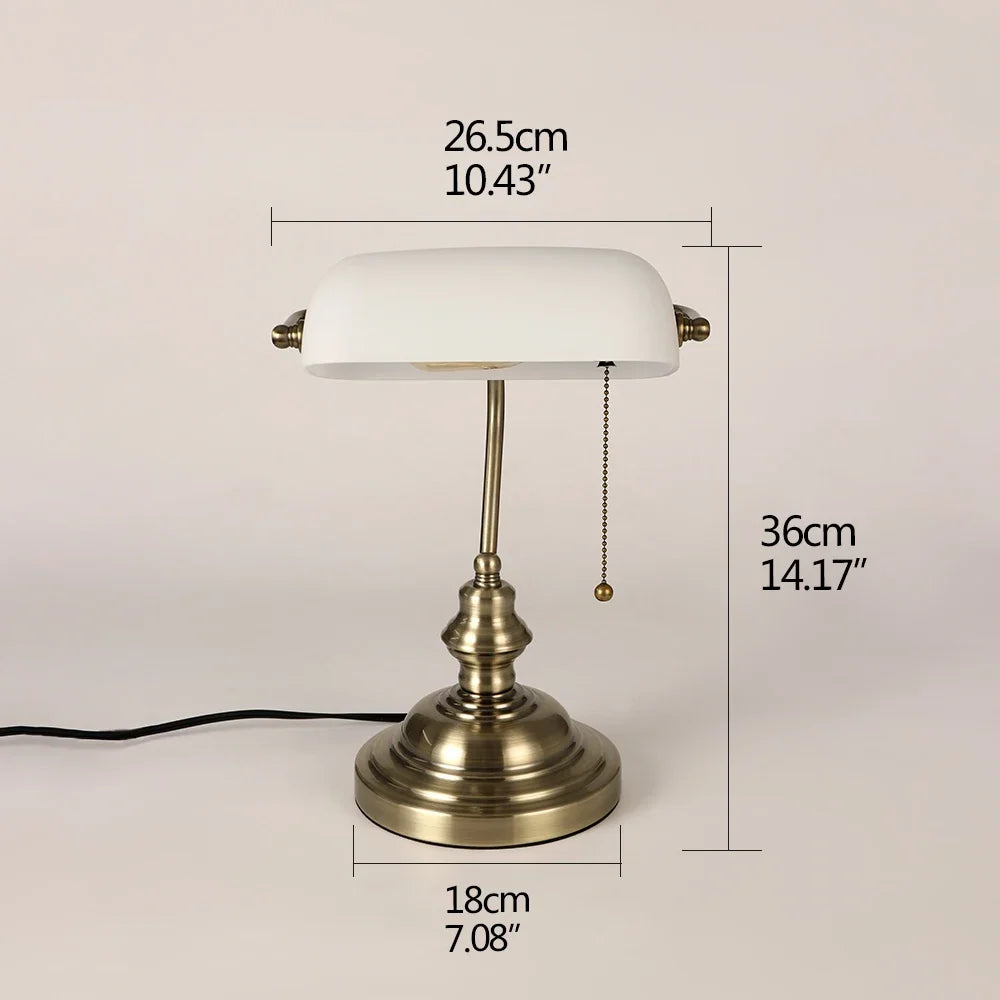 Classic Glass Bankers Desk Lamp Iron Zipper Switch