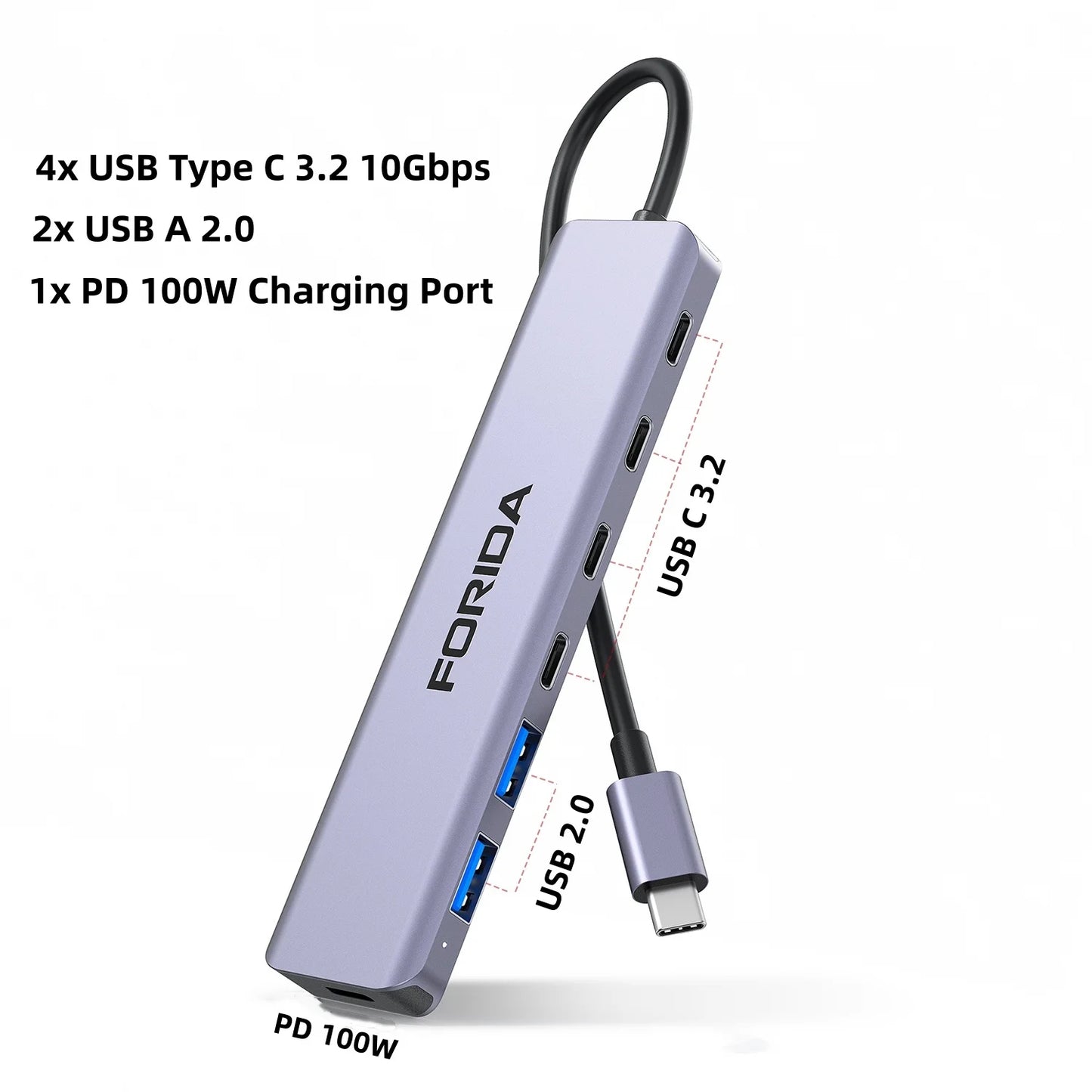 7 Port USB C Hub 10Gbps USB C 3.2 Multiport Adapter PD