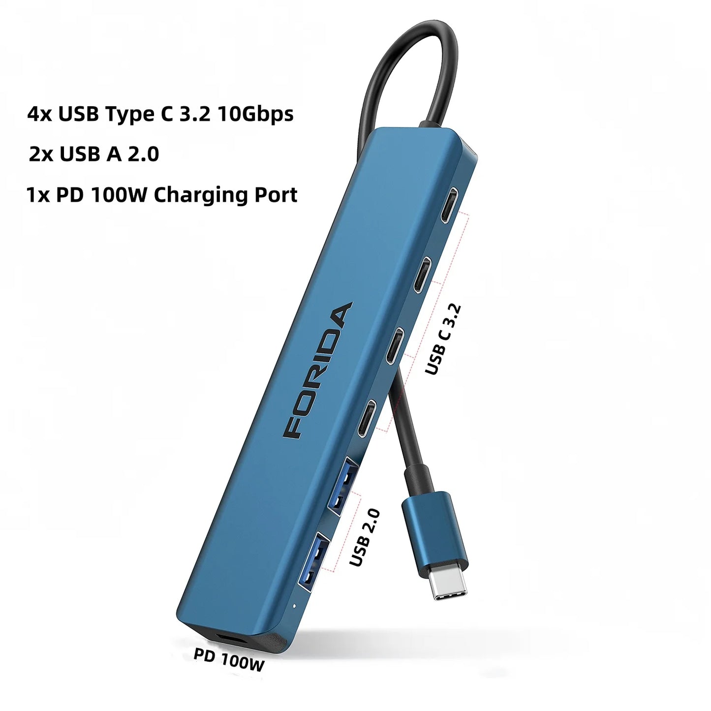 7 Port USB C Hub 10Gbps USB C 3.2 Multiport Adapter PD