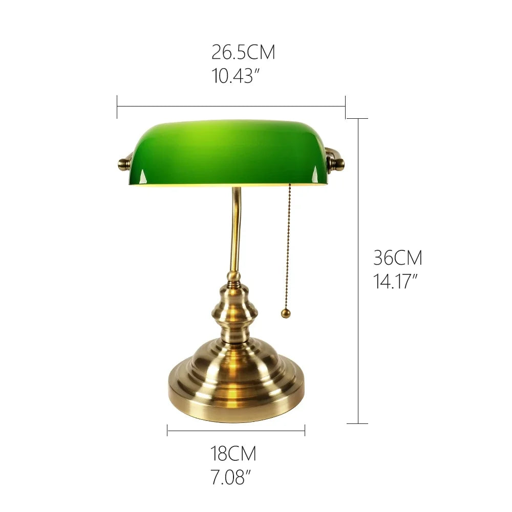 Classic Glass Bankers Desk Lamp Iron Zipper Switch