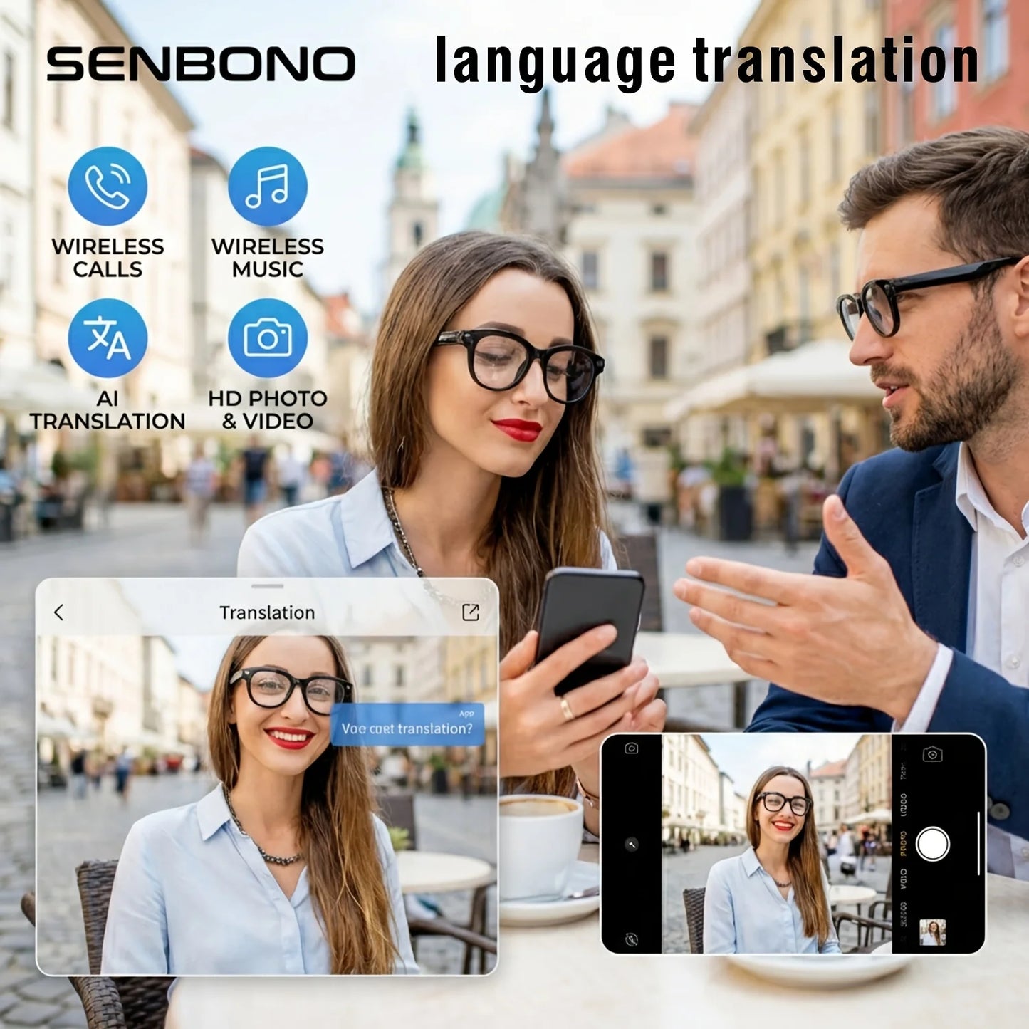 SENBONO AI Smart Glasses With 200W Pixel Camera Translator