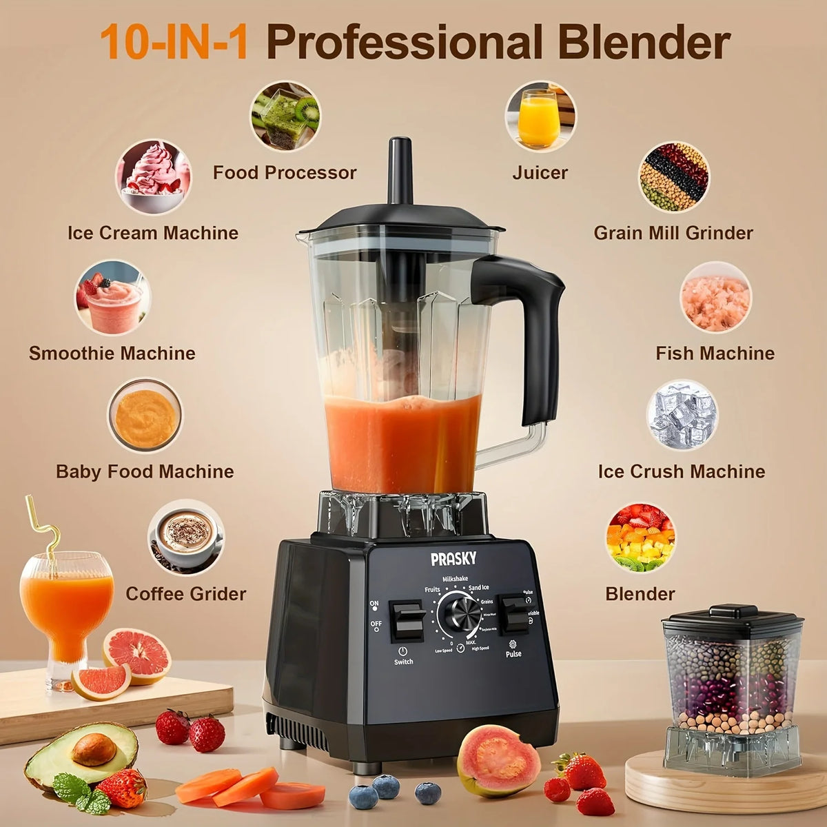 Prasky 2400W High Speed Blender And Grinder Combo