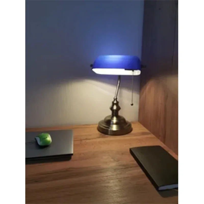 Classic Glass Bankers Desk Lamp Iron Zipper Switch
