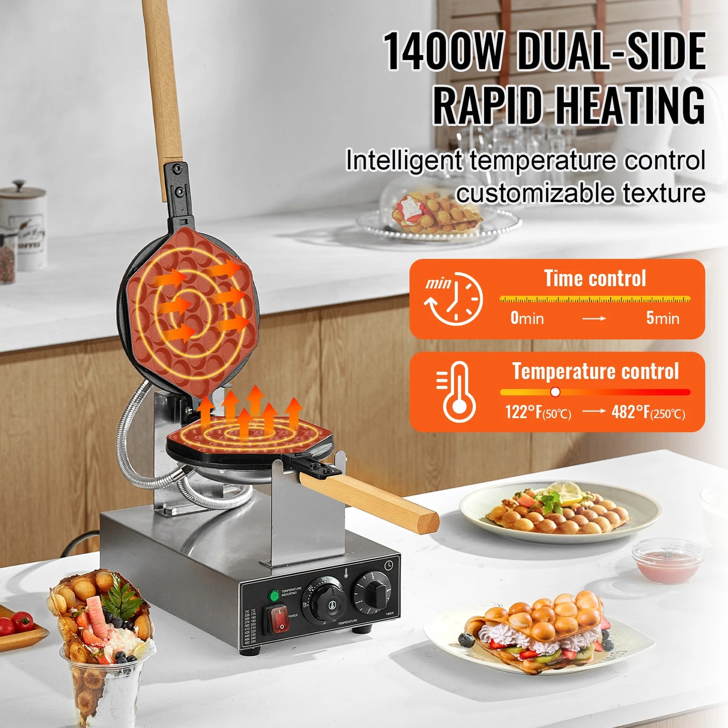 VEVOR Commercial Egg Bubble Waffle Maker With Rotating Pans