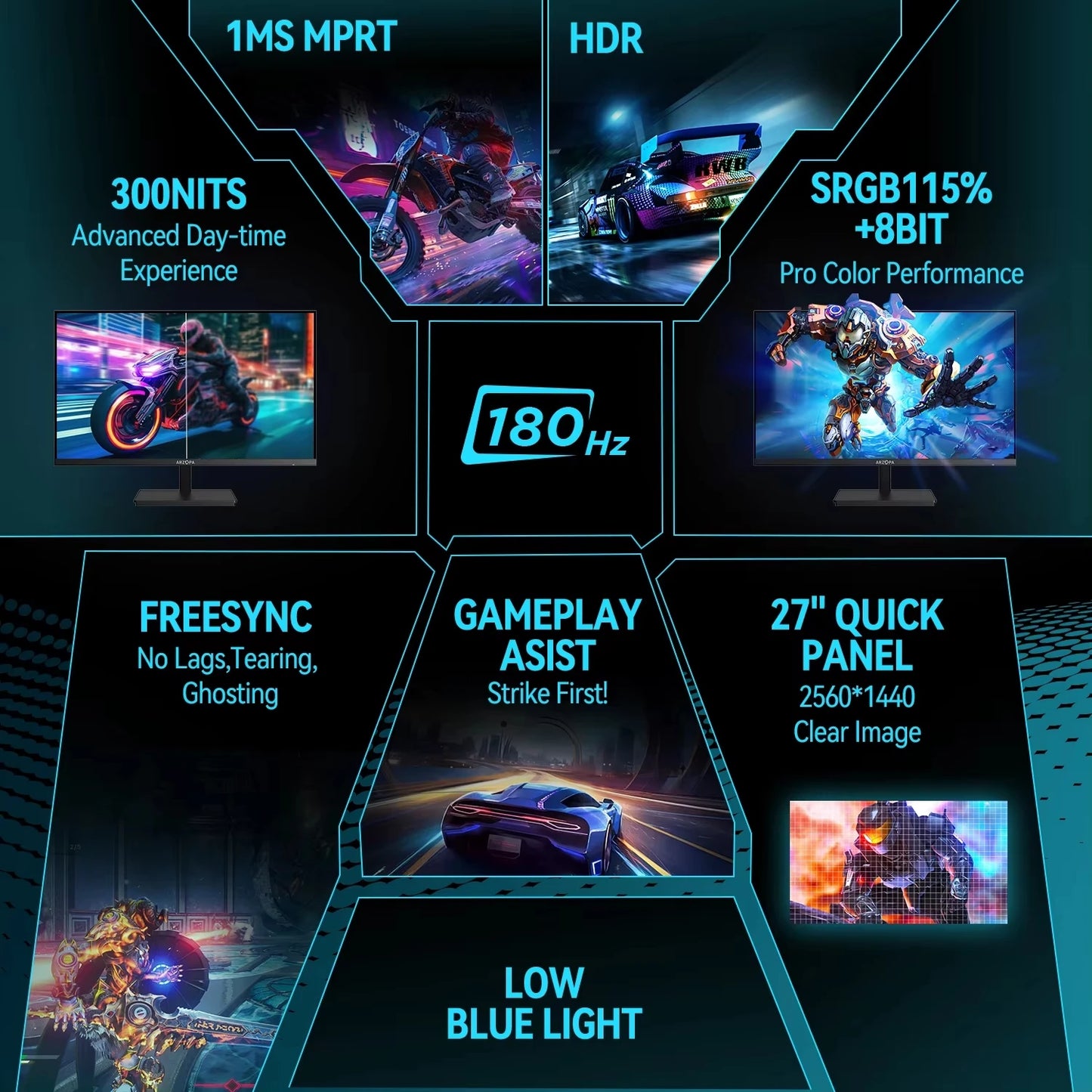 ARZOPA 180Hz QHD IPS Gaming Monitor With Type C FreeSync