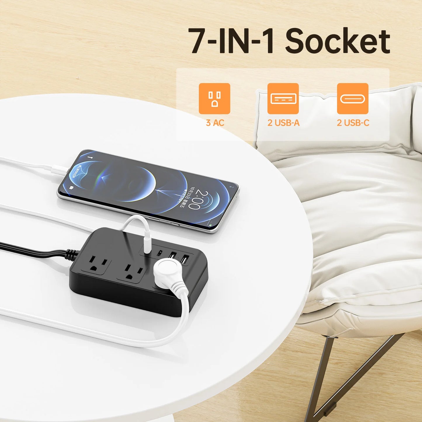 PASSUS US Plug Extension Cord Power Strip PD20W Charging